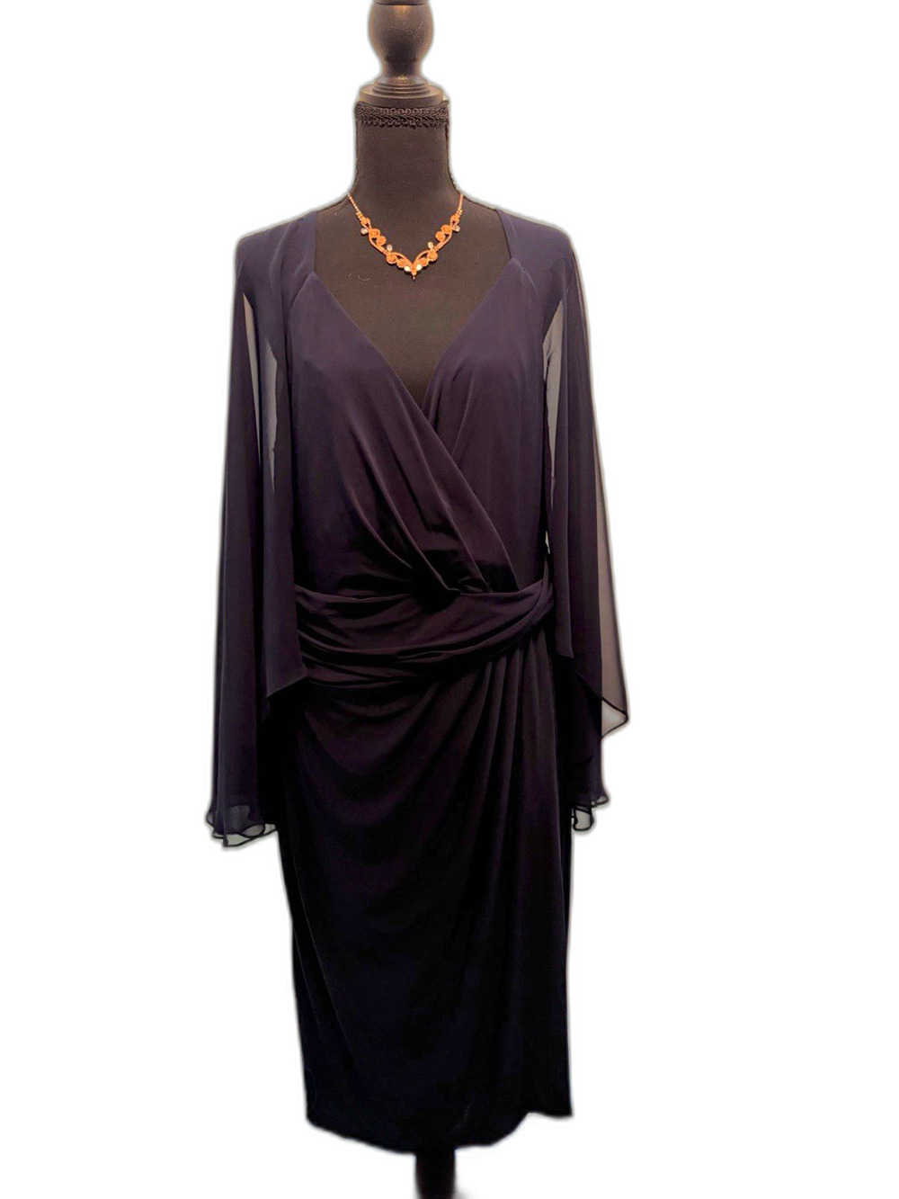 Betsy & Adam Navy Chiffon V-Neck Cape Sleeve Sheath Dress Lined Knee 16